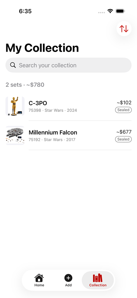 A collection list showing sets with box art, sealed condition, and market values