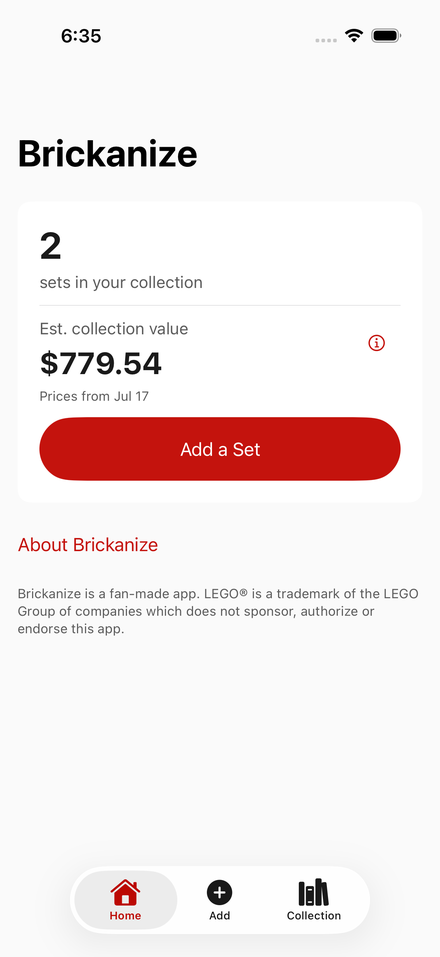 The home screen showing set count and estimated collection value