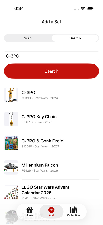 Search results for C-3PO with box art, set numbers, and years